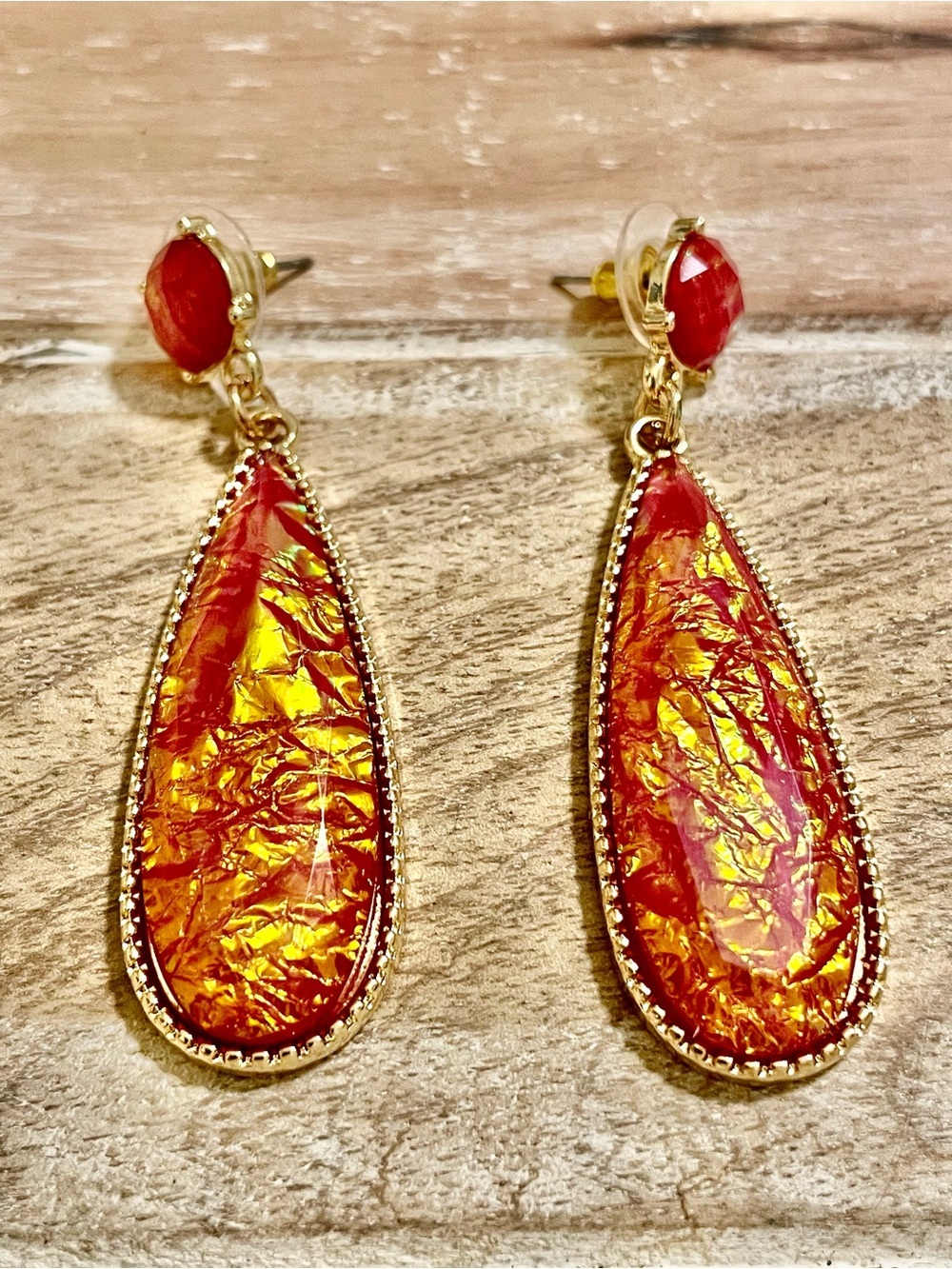 Gold-Tone Orange Iridescent Teardrop Dangle Earrings - Women Jewelry